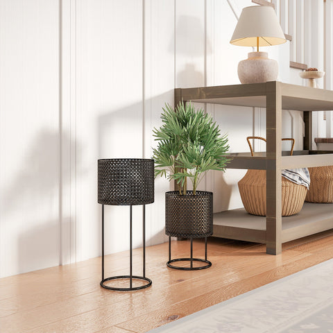 Outsunny black metal plant pots set of 2 with hollow design powder-coated metal outdoor planters on slender legs