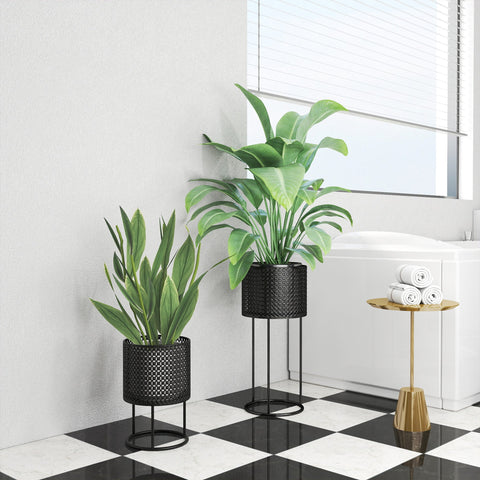 Black woven powder-coated metal plant pots with sleek stands perfect for outdoor planters on balcony or garden