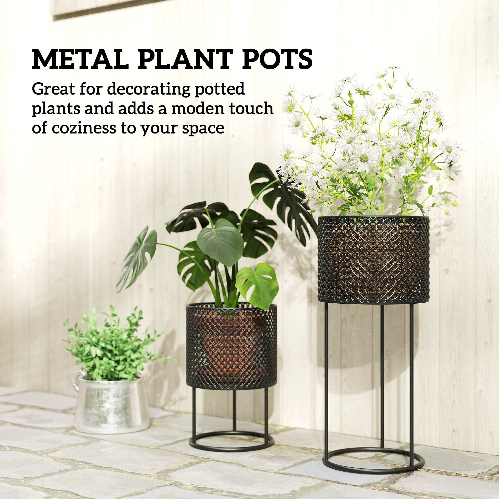 Outsunny black powder-coated metal plant pots set of 2 with woven mesh design and slender legs for outdoor planters