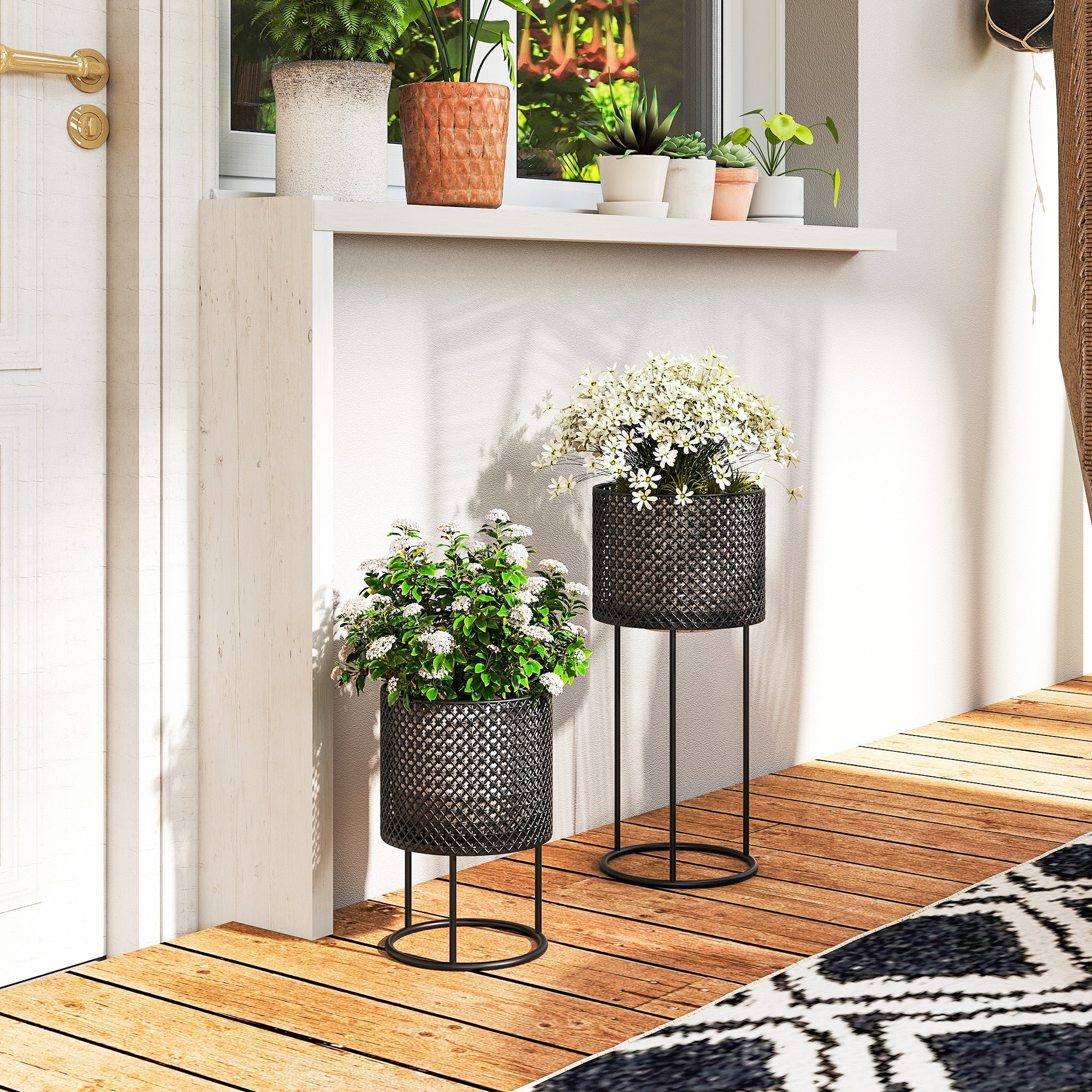 Outsunny black powder-coated metal outdoor planters with hollow design plant pots and circular bases set of 2