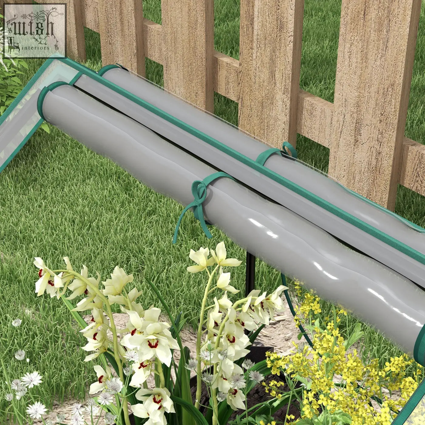 Outsunny raised garden bed with steel base and gray plastic cover with green trim for fresh air and plant growth
