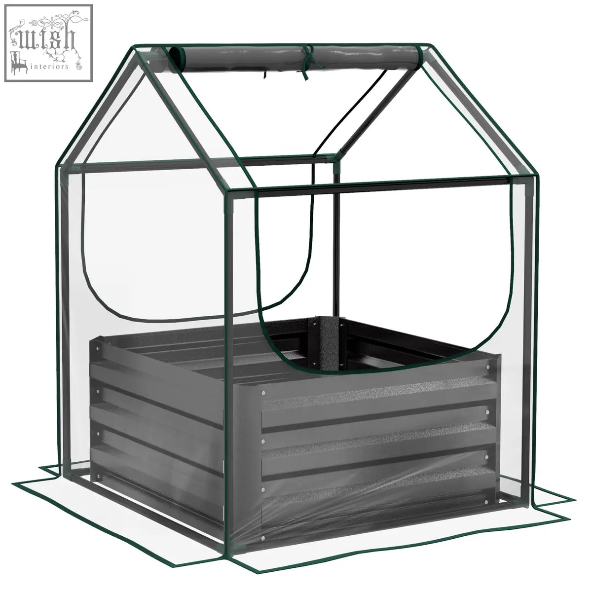 Outsunny gray steel base raised garden bed with plastic cover greenhouse and green trim for fresh air herbs and veggies