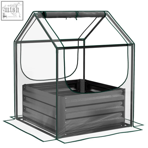 Outsunny gray steel base raised garden bed with plastic cover greenhouse and green trim for fresh air herbs and veggies