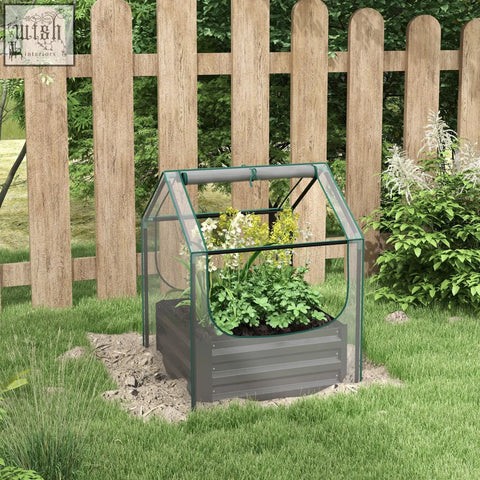 Outsunny metal planter box with plastic cover and steel base in dark grey housing yellow and white flowers with fresh air circulation