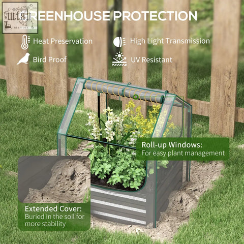 Outsunny metal planter box with steel base and plastic cover greenhouse in dark grey for fresh air herbs and veggies