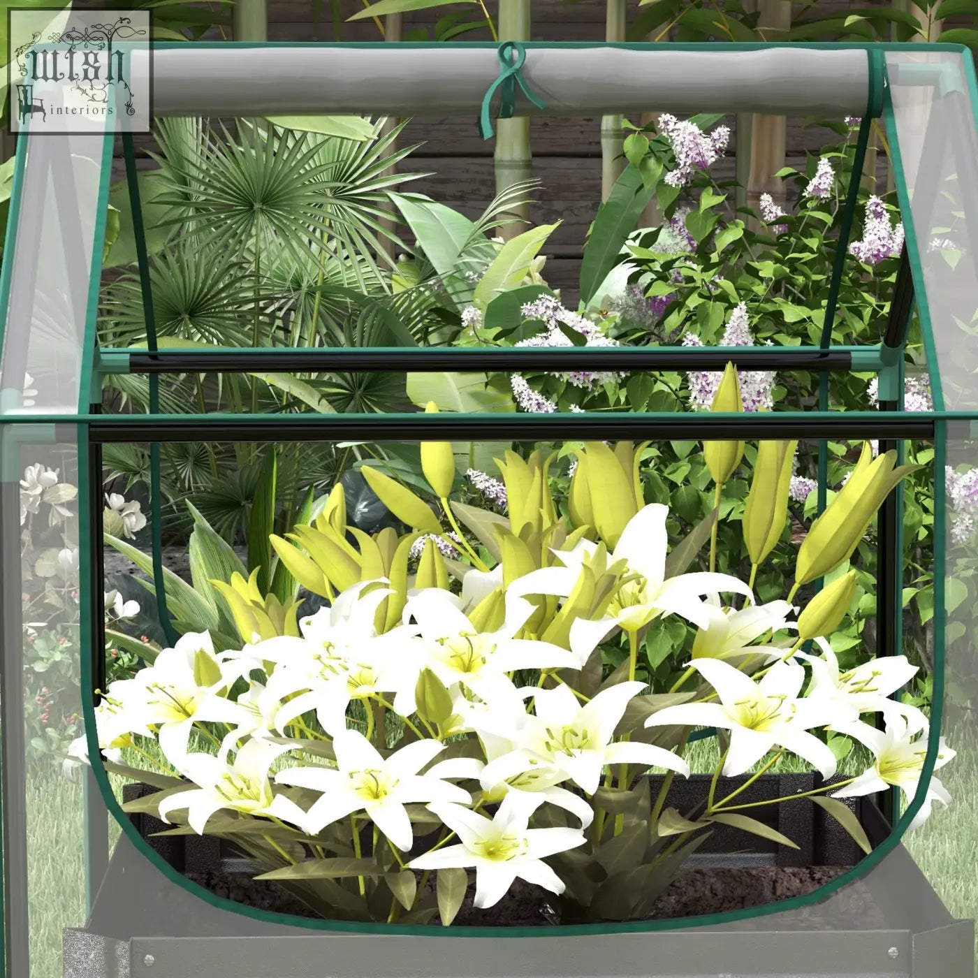Green-framed outsunny metal planter box with plastic cover and steel base houses white lilies in fresh air greenhouse