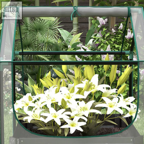Green-framed outsunny metal planter box with plastic cover and steel base houses white lilies in fresh air greenhouse