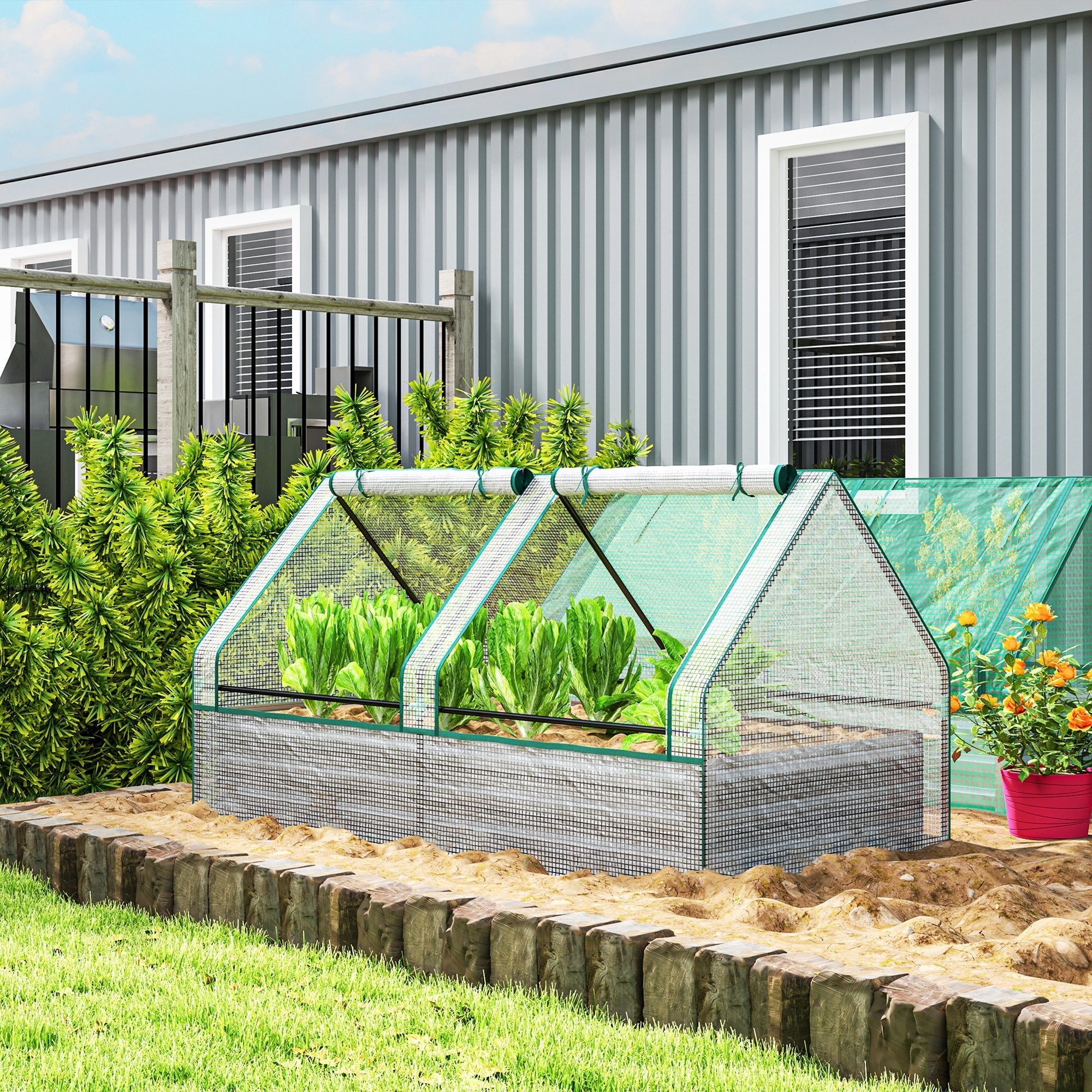 Outsunny Metal Planter Box with Cover, Raised Garden Bed with Greenhouse, for Herbs and Vegetables, White and Dark Grey