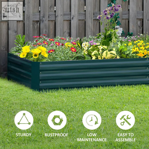 Dark green corrugated metal raised garden bed planter box by Outsunny filled with colorful flowers and foliage