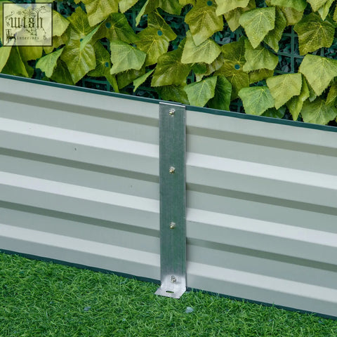 Silver corrugated metal raised garden bed with green trim and vertical bracket for outdoor flower or herb growing