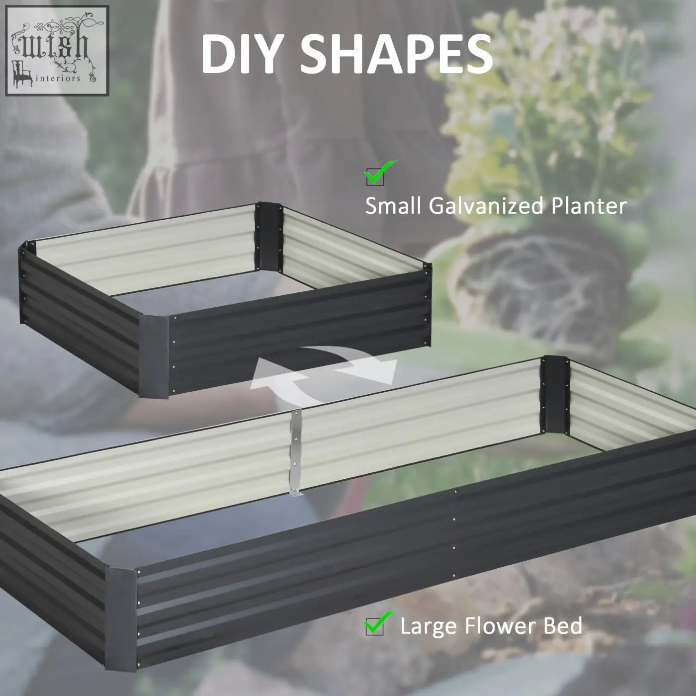 Black and silver corrugated metal raised garden bed with interlocking side panels for outdoor planting