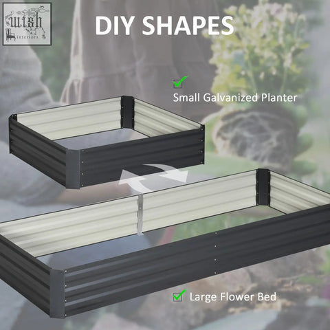 Black and silver corrugated metal raised garden bed with interlocking side panels for outdoor planting