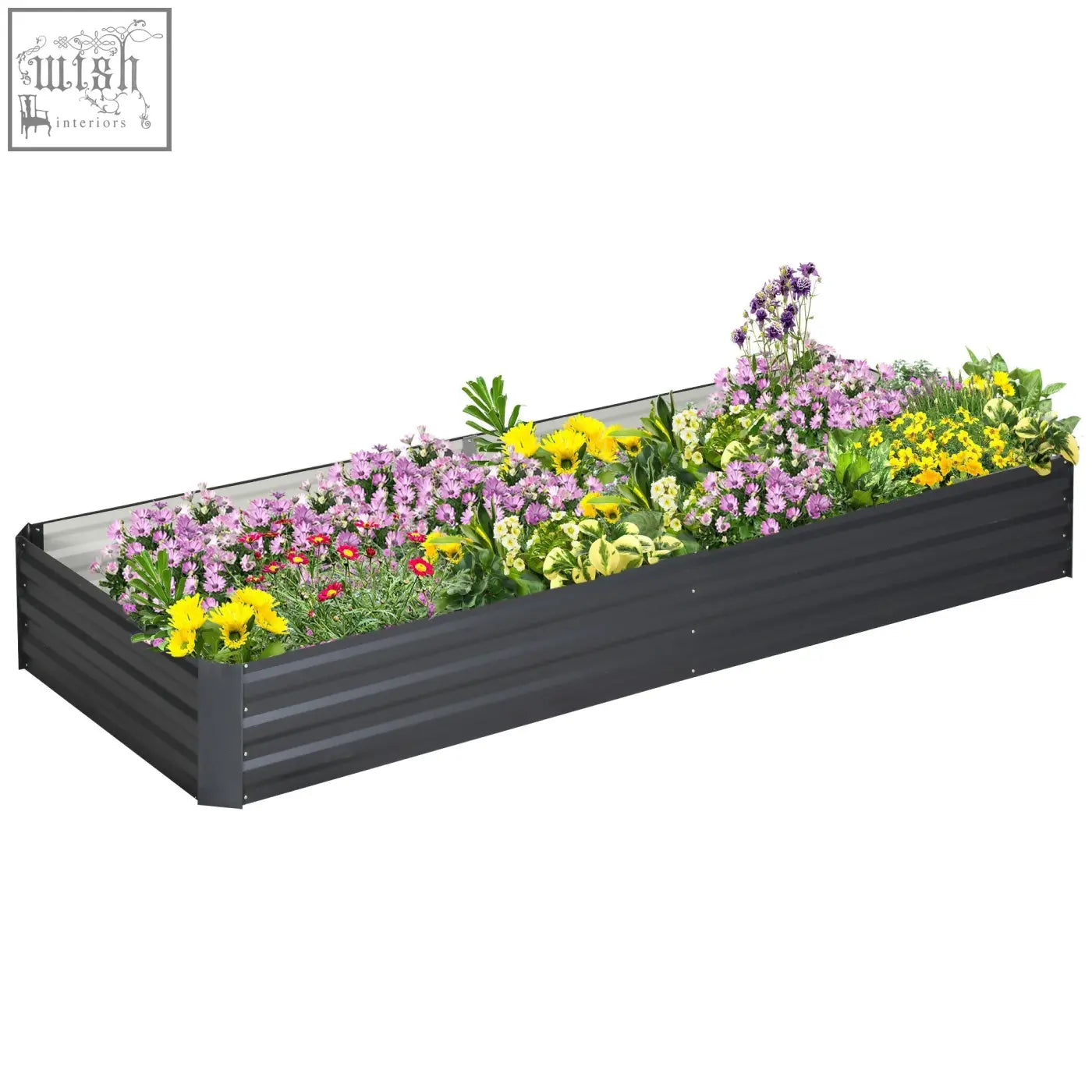 Outsunny black metal raised garden bed planter box filled with vibrant purple yellow and red flowers for outdoor use