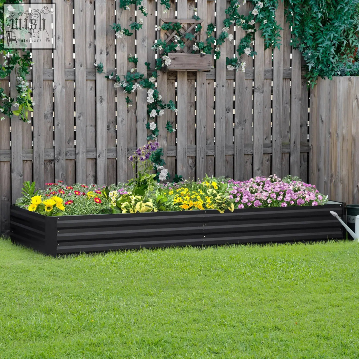Outsunny grey metal raised garden bed planter box filled with colorful flowers and greenery for outdoor gardening