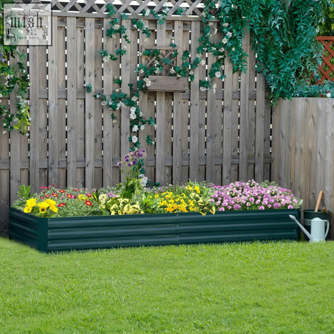 Dark green corrugated metal raised garden bed by outsunny filled with colorful flowers and plants for outdoor growing