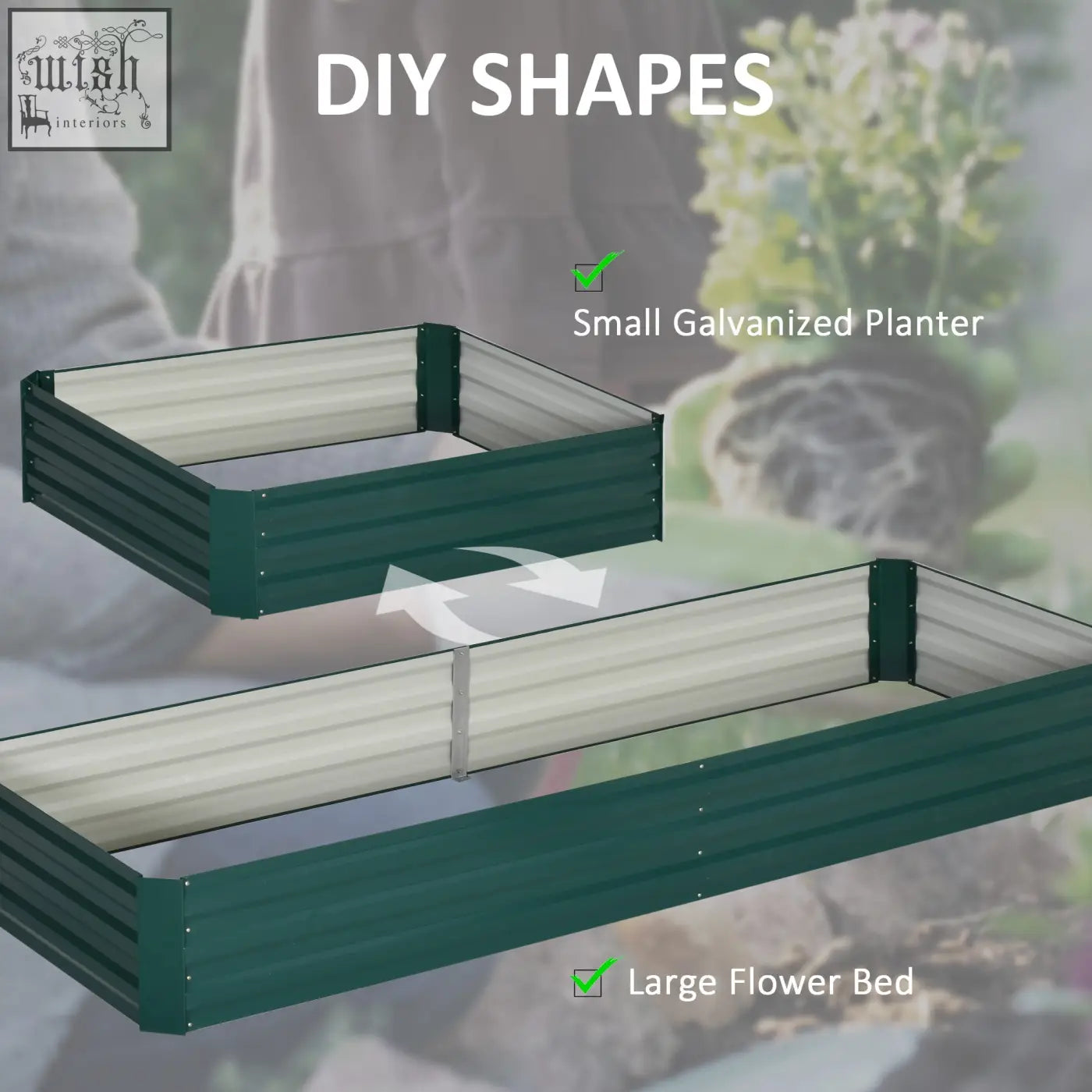 Small galvanized metal raised garden bed planter box with dark green exterior and corrugated sides for outdoor use
