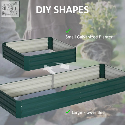 Small galvanized metal raised garden bed planter box with dark green exterior and corrugated sides for outdoor use