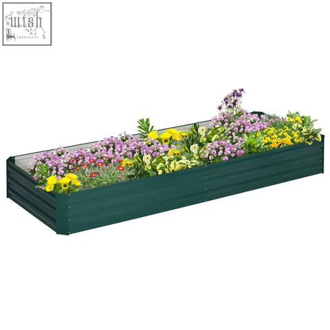 Outsunny green corrugated metal raised garden bed filled with vibrant purple and yellow flowers for outdoor planting