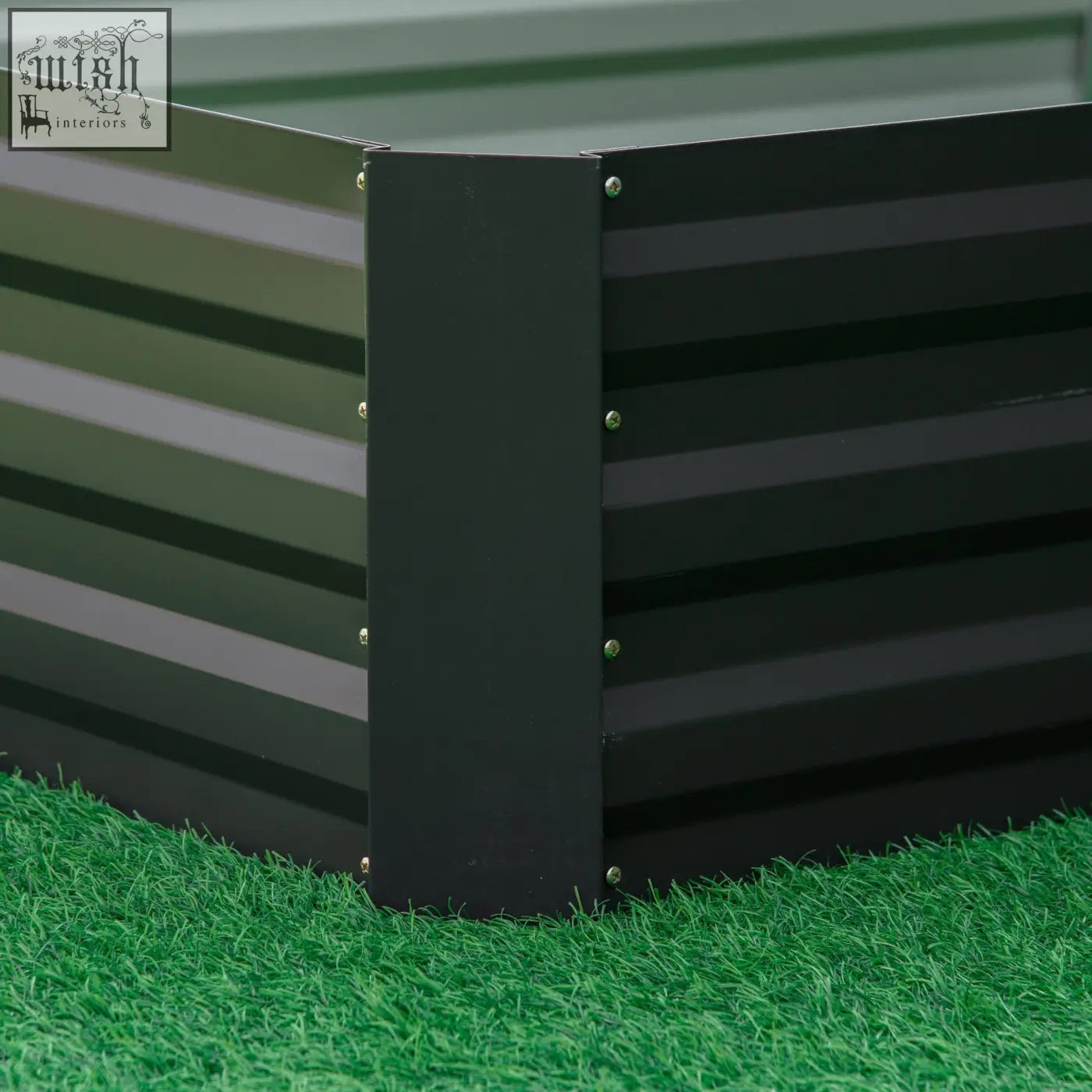 Black corrugated metal raised garden bed planter box with horizontal stripes for outdoor gardening in grey