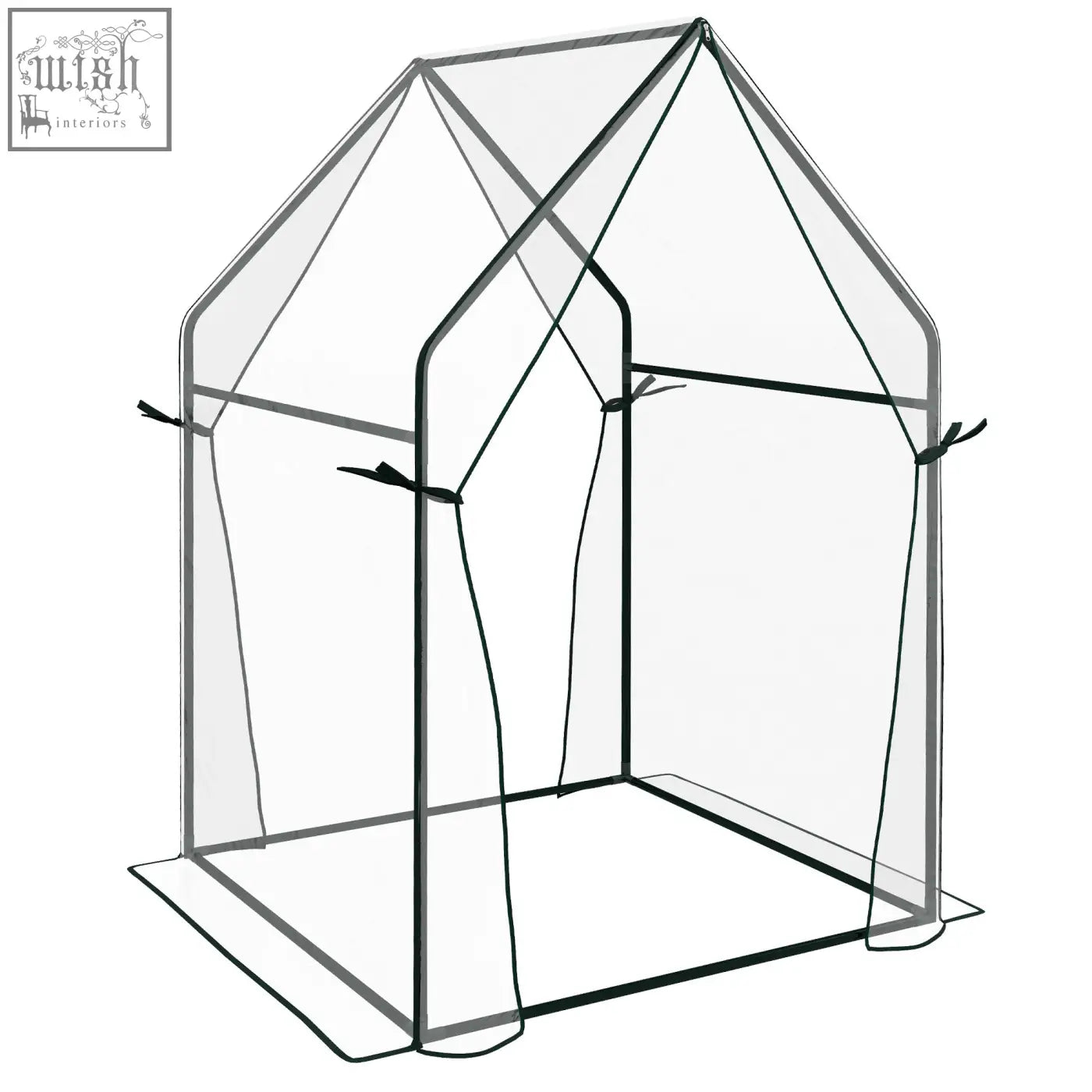 Outsunny mini greenhouse with clear plastic cover, black metal frame, zipped doors, and ties on long edges for indoor outdoor use