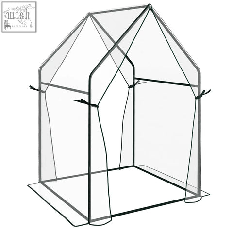 Outsunny mini greenhouse with clear plastic cover, black metal frame, zipped doors, and ties on long edges for indoor outdoor use