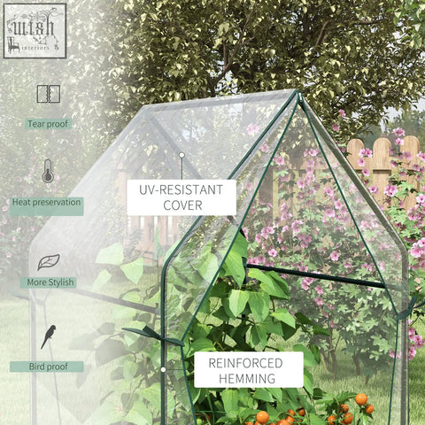 Outsunny mini greenhouse with clear plastic cover, green metal frame, zipped doors, and reinforced long edges for garden use
