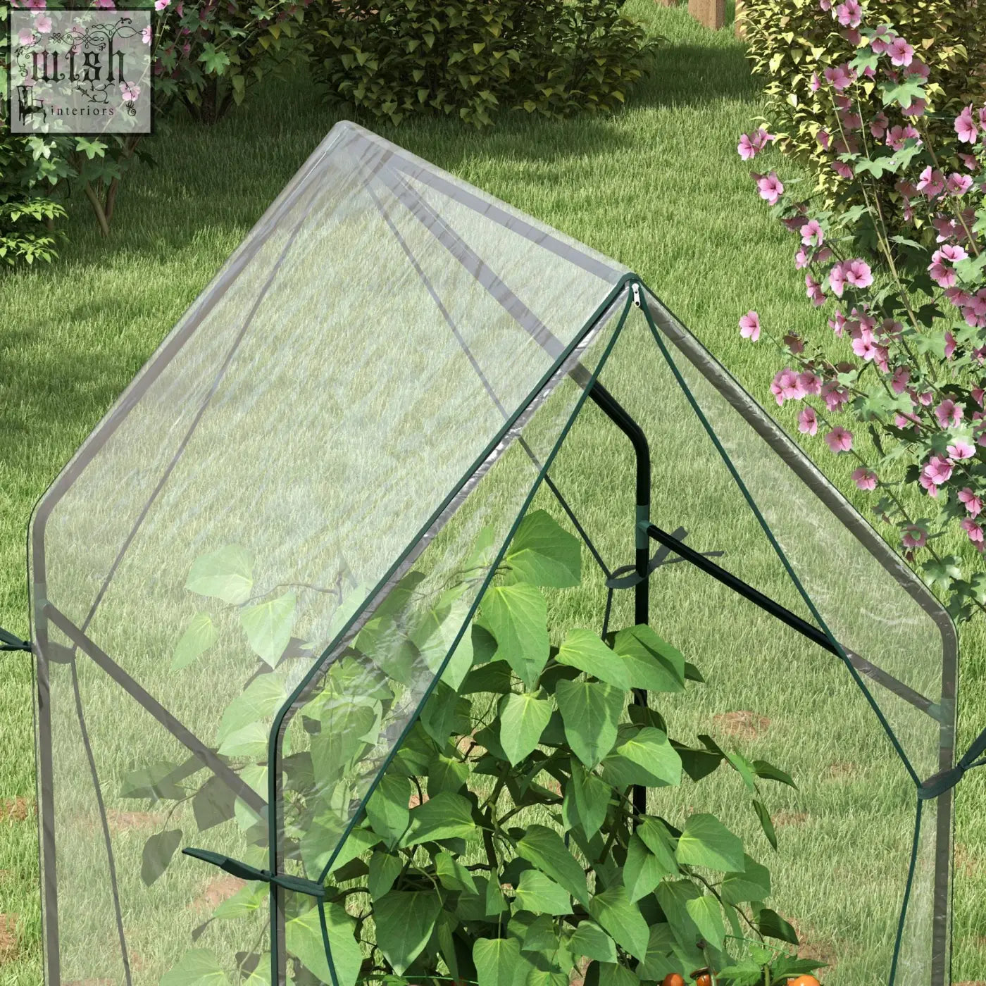 Outsunny mini greenhouse with clear plastic cover, green metal frame, zipped doors, and reinforced long edges housing leafy plants