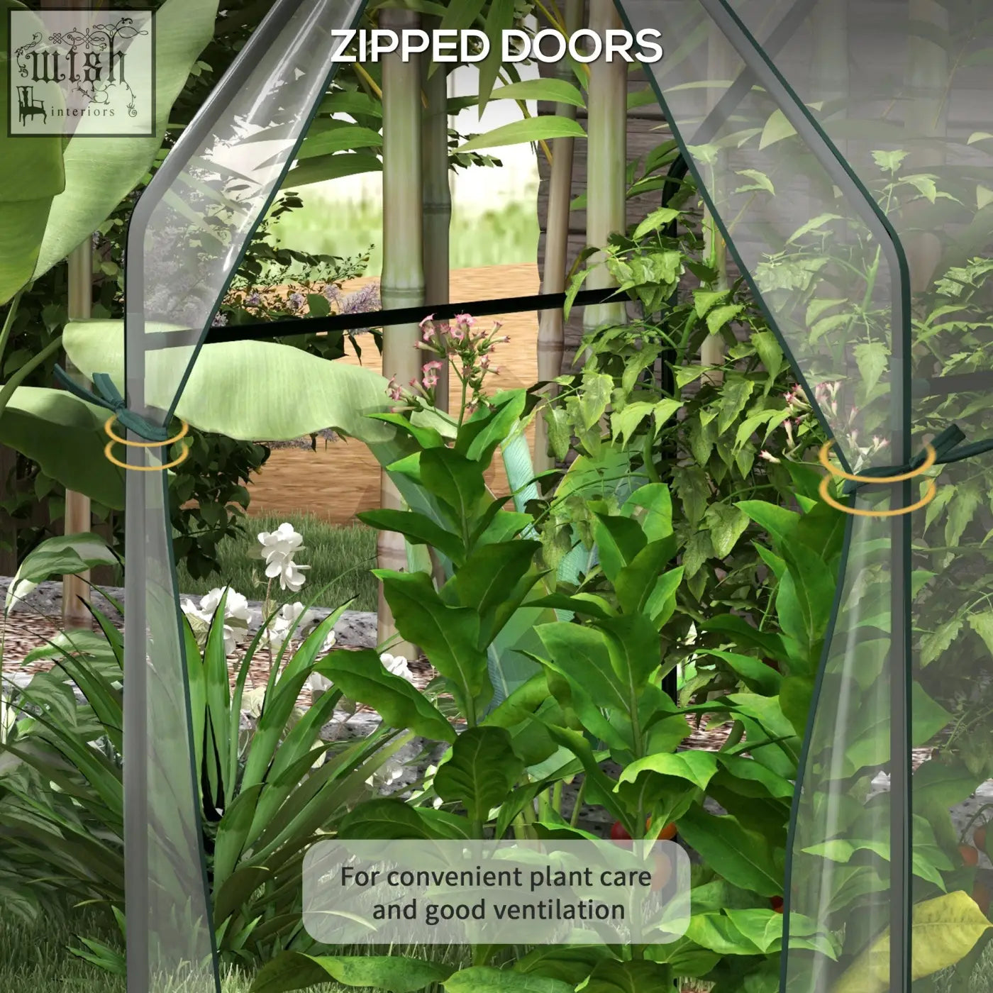 Outsunny mini greenhouse with clear plastic cover, zipped doors, and gold metal rings along long edges for indoor outdoor use