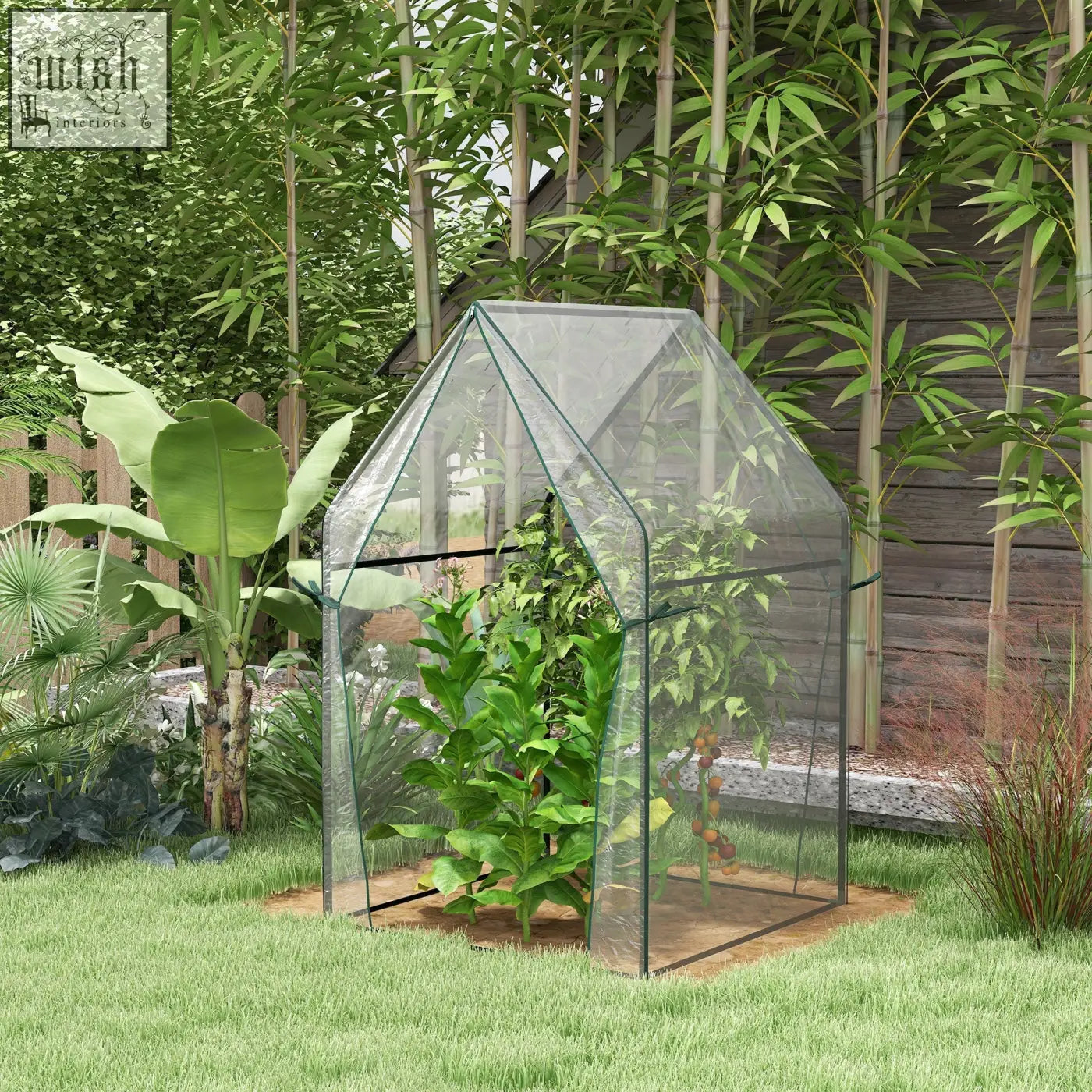 Outsunny mini greenhouse with clear plastic cover, zipped doors, and geometric house frame for indoor outdoor use