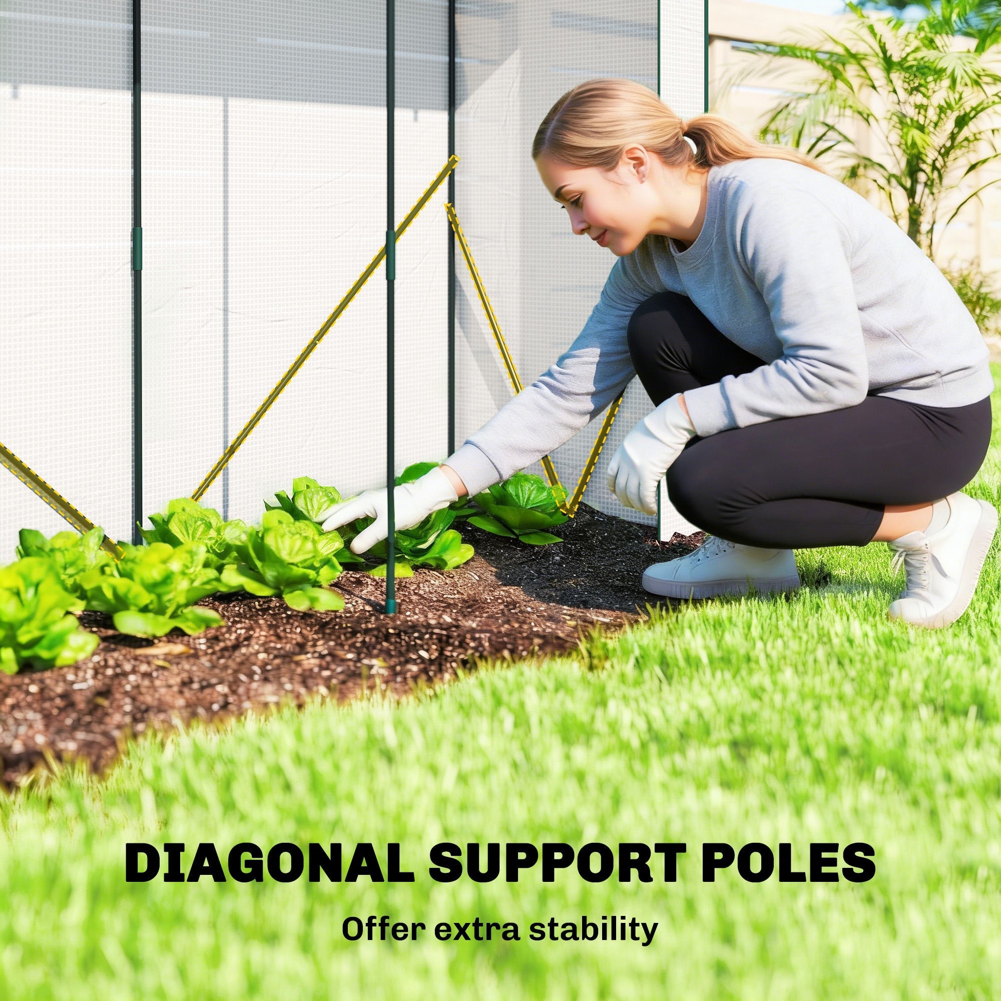 Gold diagonal support poles on outsunny mini greenhouse steel frame with mesh windows to keep unwanted guests out