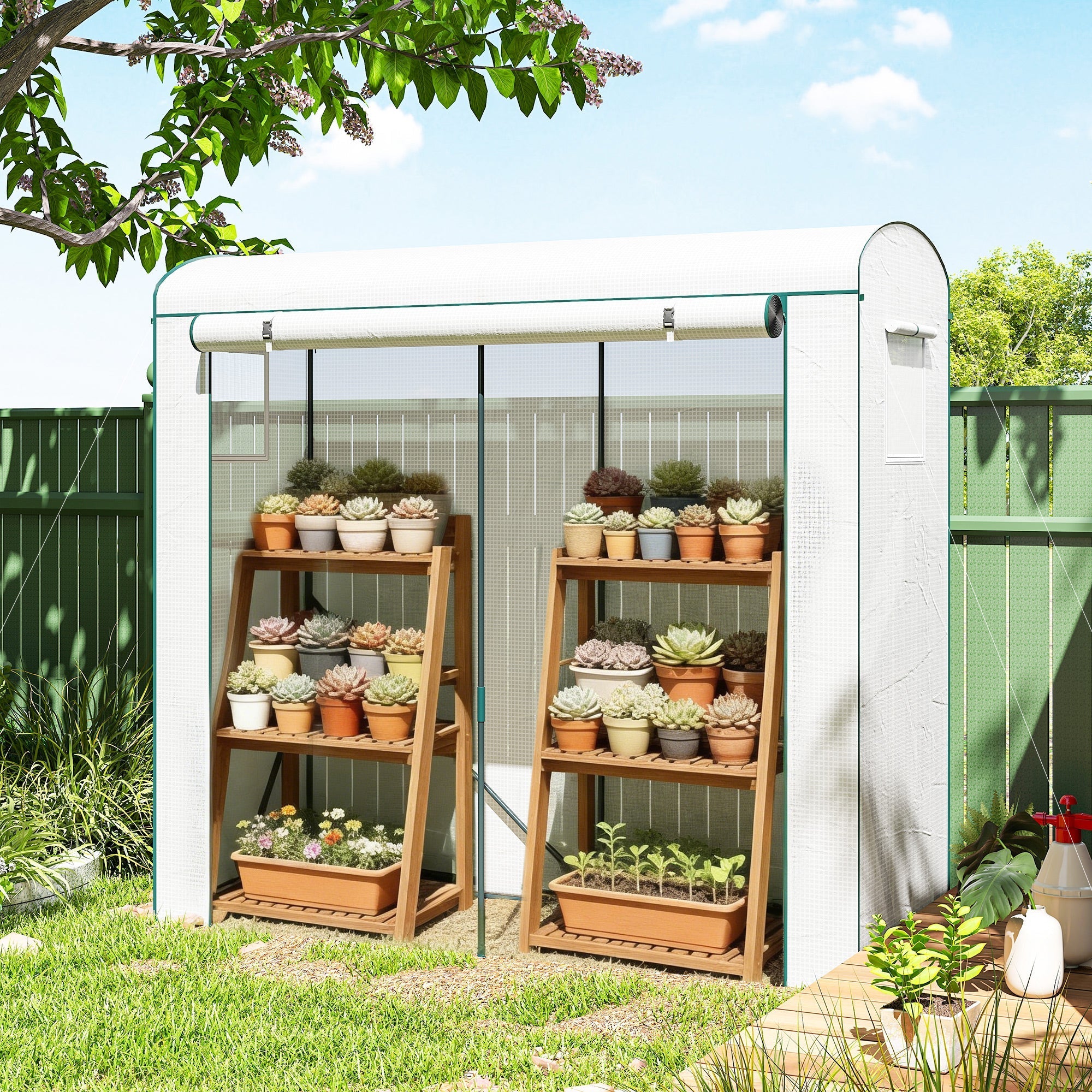 White outsunny mini greenhouse with steel frame, mesh windows, wooden shelves, and roll-up door to keep unwanted guests out