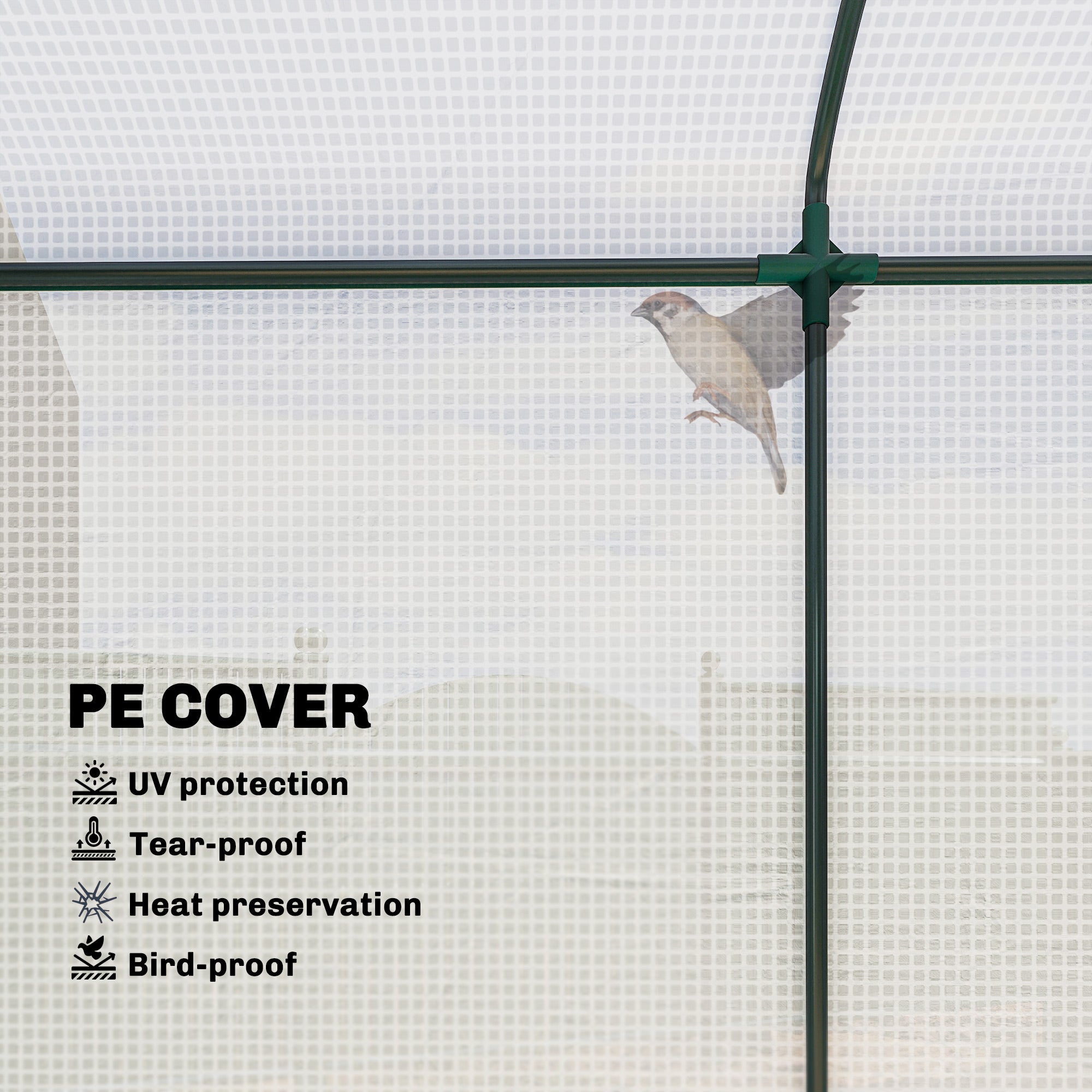 Out sunny mini greenhouse with green steel frame, white uv protective pe cover, roll-up door, and mesh windows to keep unwanted guests out