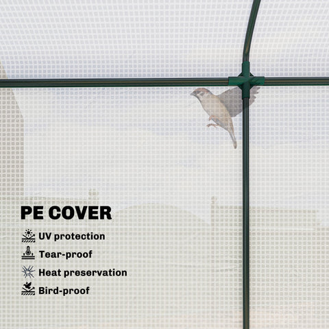Out sunny mini greenhouse with green steel frame, white uv protective pe cover, roll-up door, and mesh windows to keep unwanted guests out