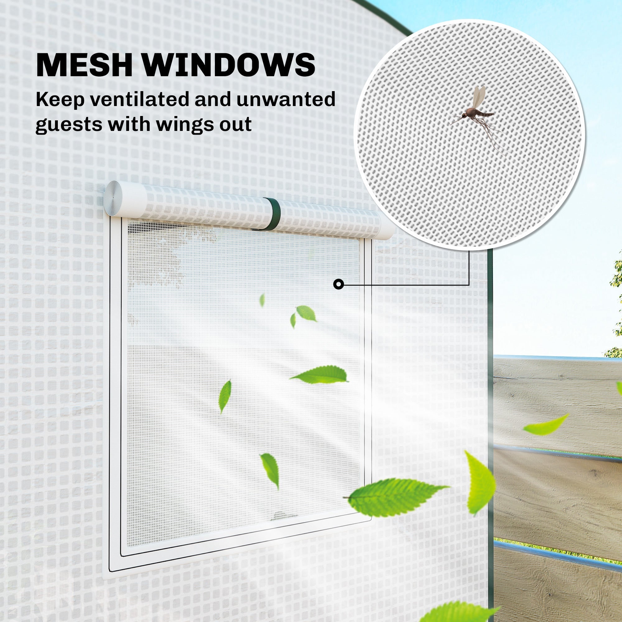 White mesh windows with roll-up design for ventilation and keeping unwanted guests out in outsunny steel frame greenhouse