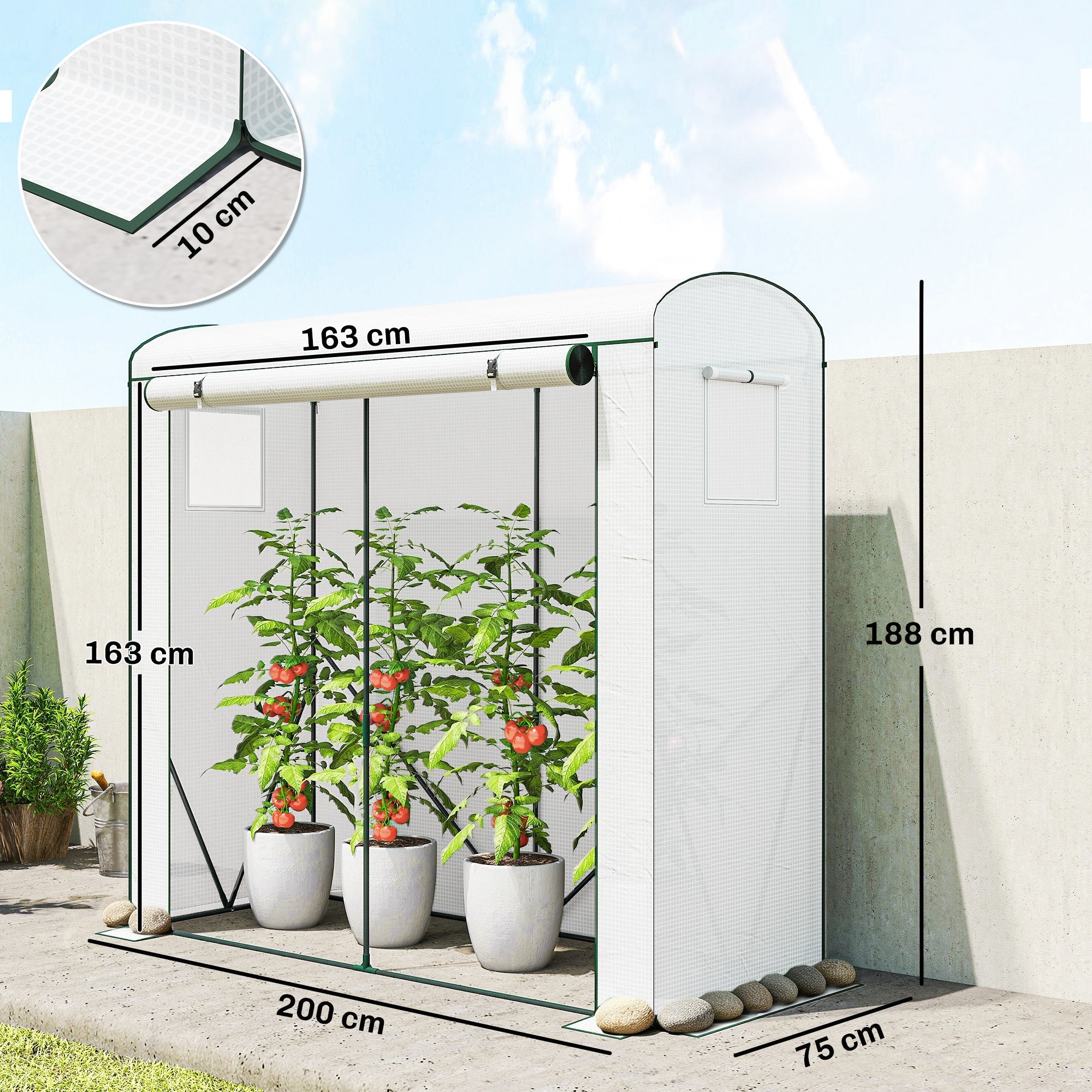 White outsunny mini greenhouse with steel frame mesh windows and potted tomato plants inside to keep unwanted guests out