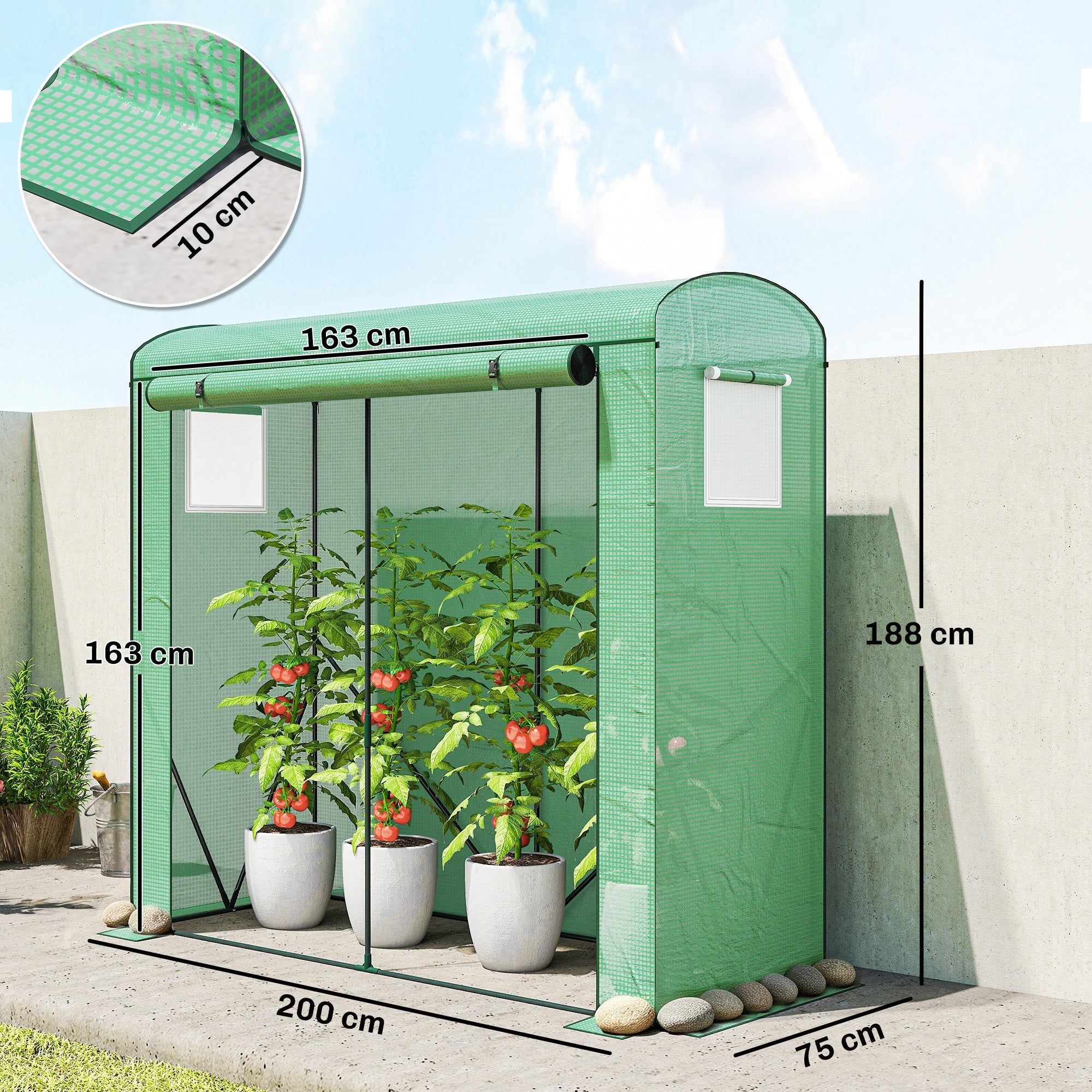 Outsunny mini greenhouse in green with steel frame, mesh windows, roll-up door, and white window panels to keep unwanted guests out