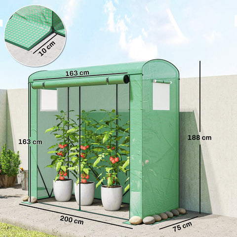 Outsunny mini greenhouse in green with steel frame, mesh windows, roll-up door, and white window panels to keep unwanted guests out