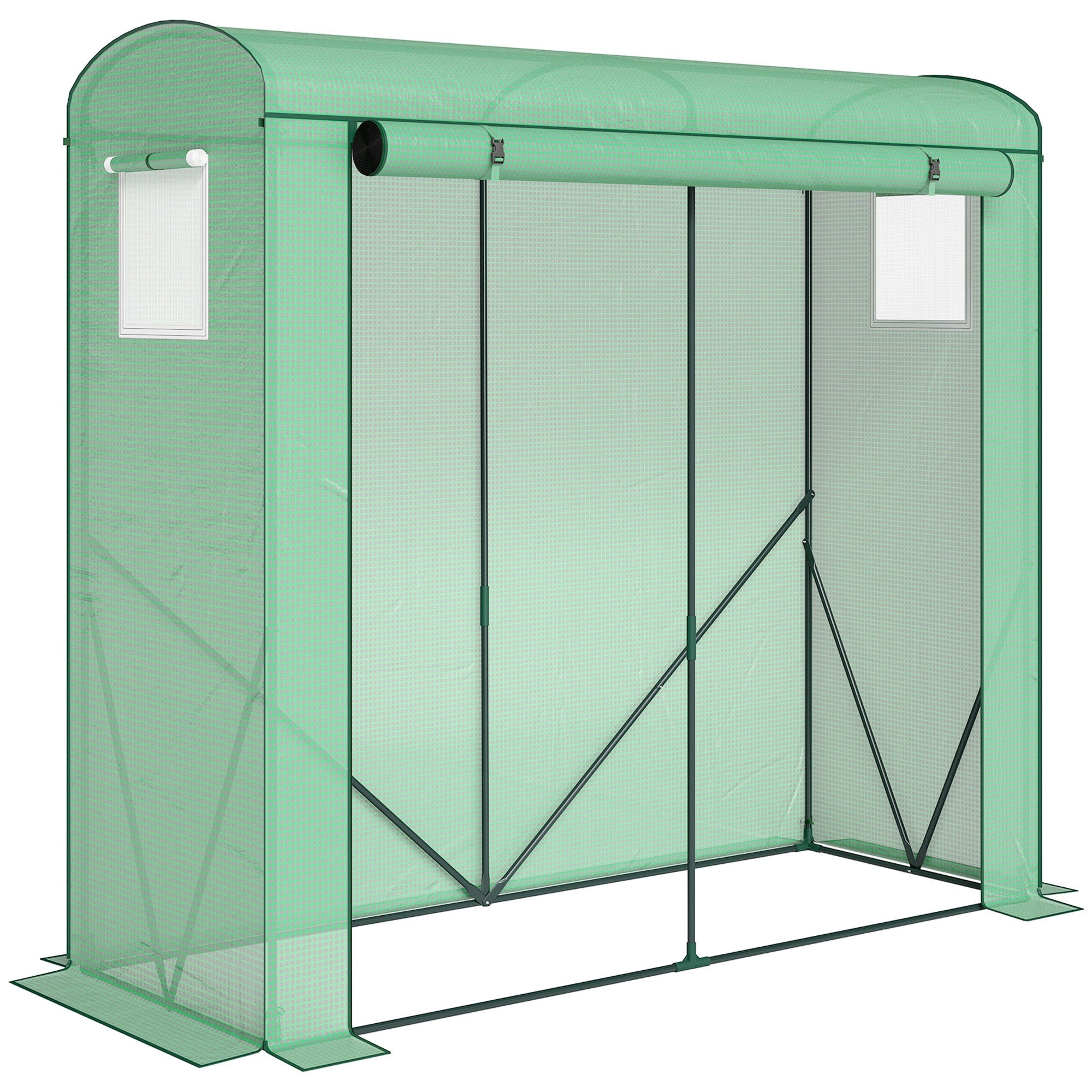 Outsunny mini greenhouse with green pe cover, steel frame, curved roof, roll-up door, and mesh windows to keep unwanted guests out