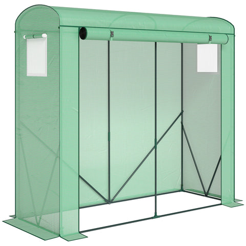 Outsunny mini greenhouse with green pe cover, steel frame, curved roof, roll-up door, and mesh windows to keep unwanted guests out