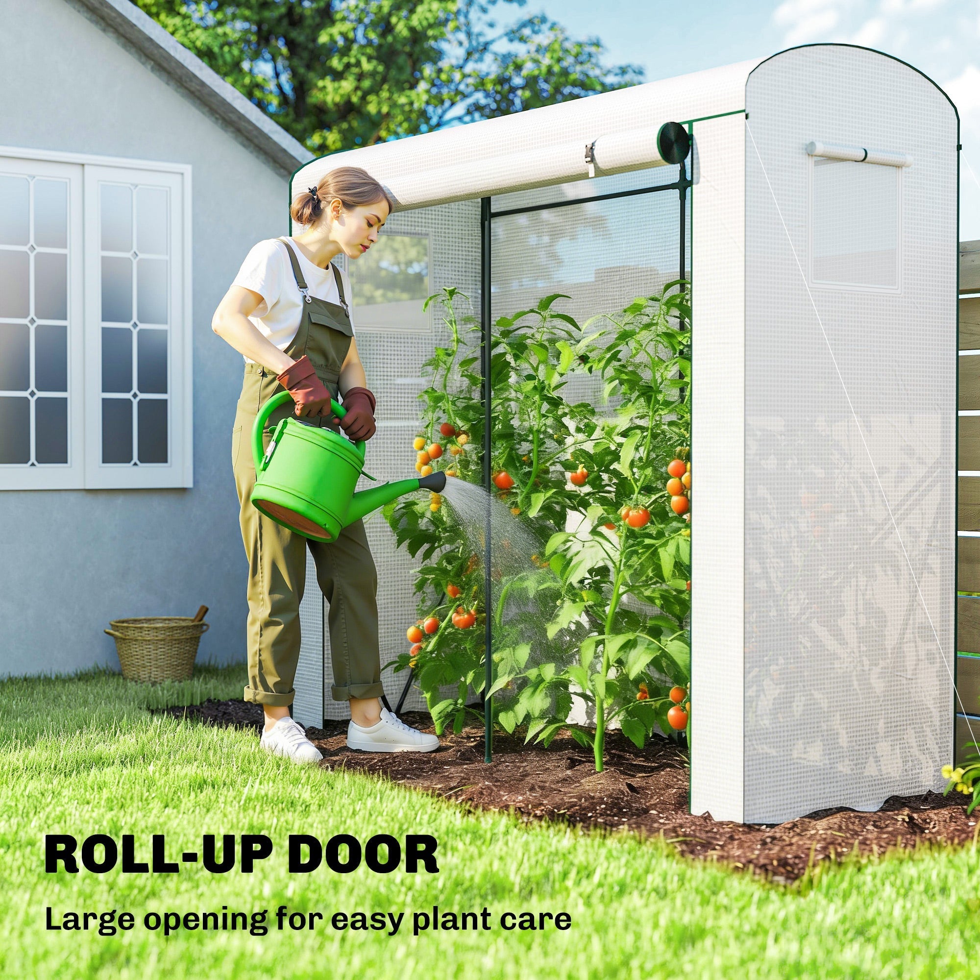 Outsunny mini greenhouse with white roll-up door, mesh windows, steel frame, and curved top to keep unwanted guests out