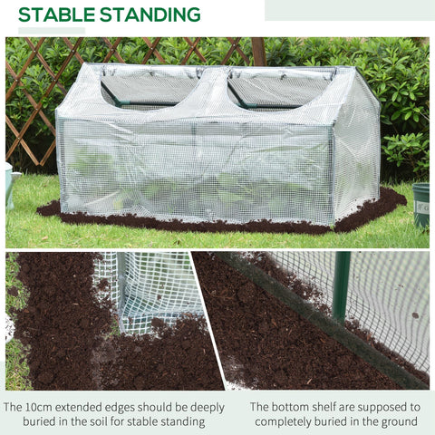 Outsunny mini greenhouse with silver plastic cover and green metal frame features two compartments and 10cm extended size