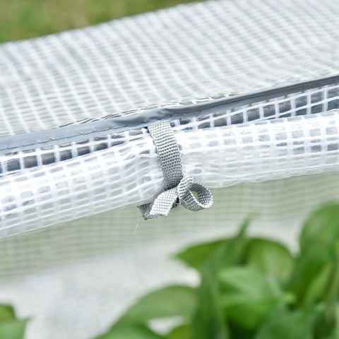 White mesh mini greenhouse with gray trim and fabric tie featuring plastic cover for garden plants and 10cm extended edges