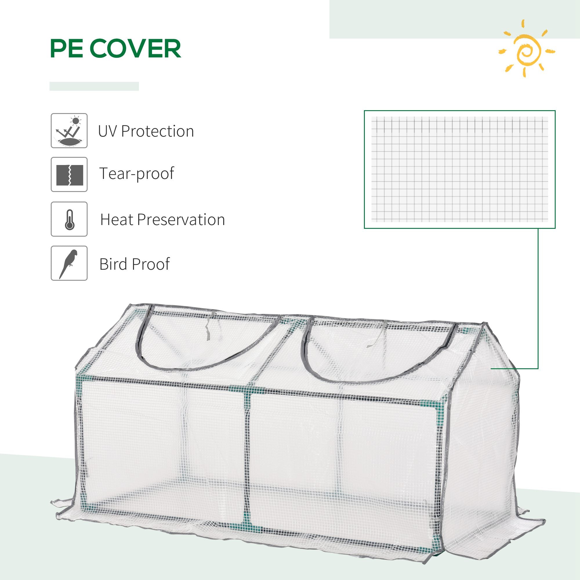 Transparent plastic cover mini greenhouse with black reinforced edges and grid pattern for garden plants