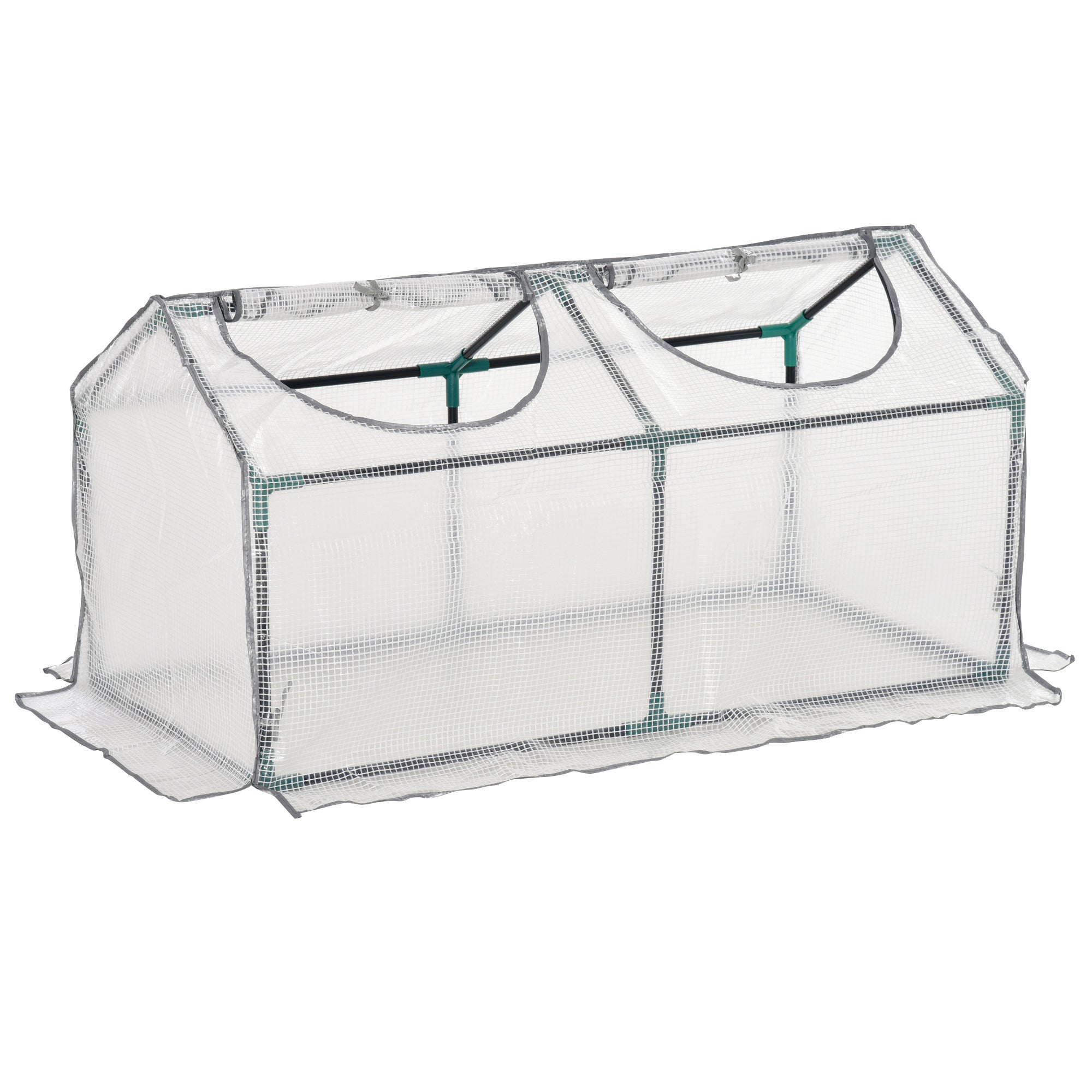 Clear plastic mini greenhouse with green metal frame and two circular windows featuring a plastic cover and 10cm extended size