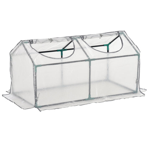 Clear plastic mini greenhouse with green metal frame and two circular windows featuring a plastic cover and 10cm extended size