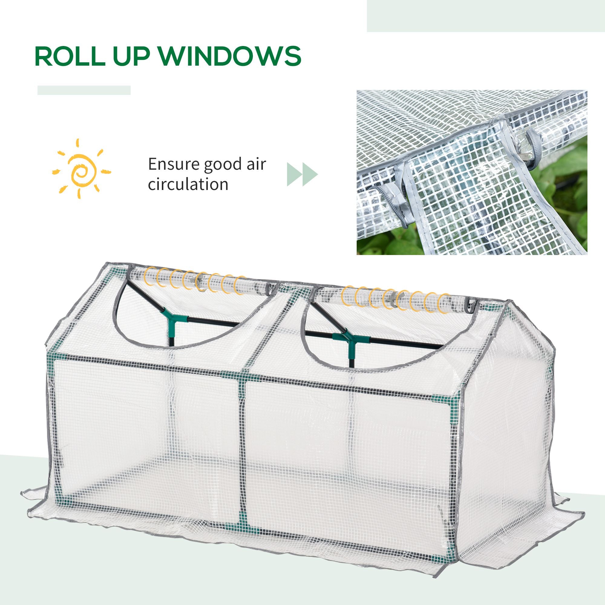 Outsunny mini greenhouse with clear plastic cover, green metal frame, roll-up windows, and 10cm extended size