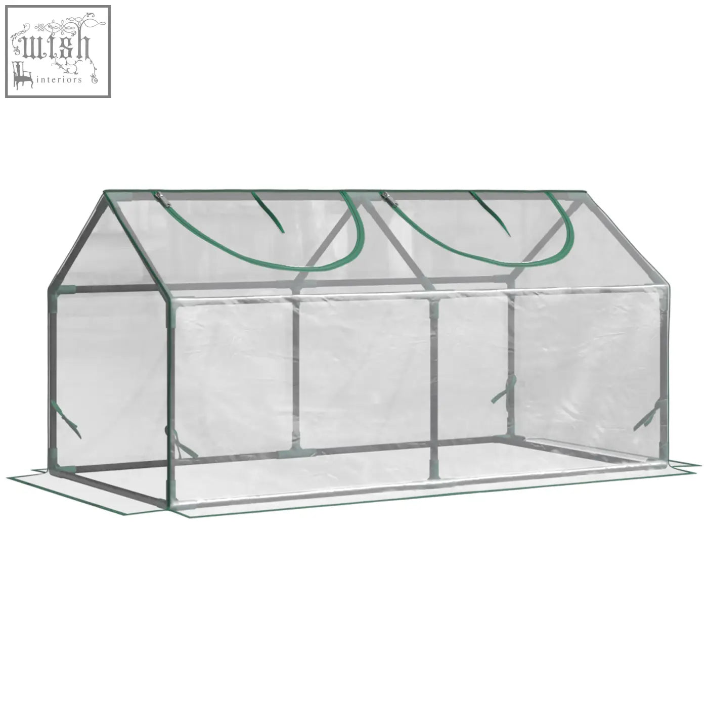 Clear plastic mini greenhouse with green trim metal frame and plastic cover for garden plants and vegetables