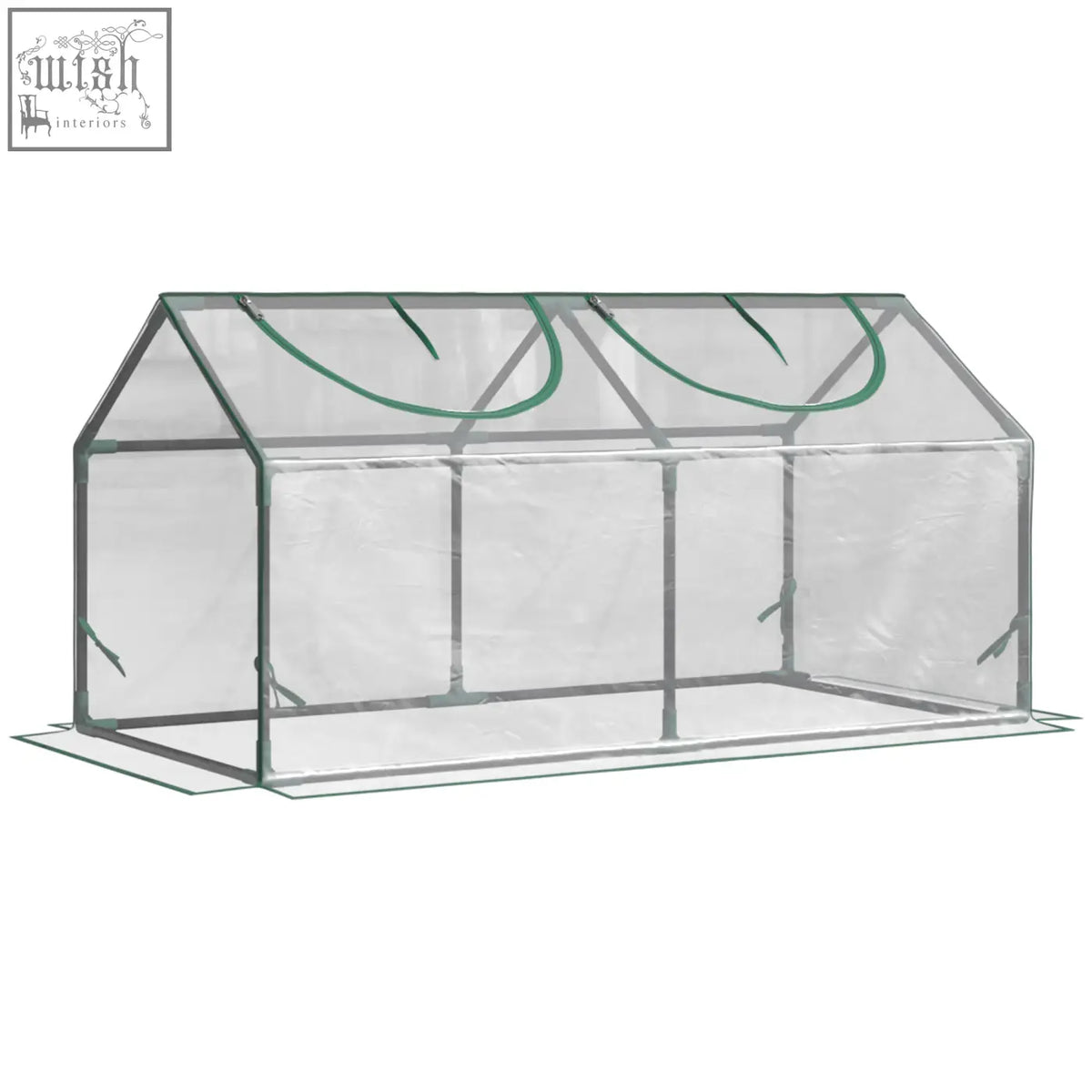 Clear plastic mini greenhouse with green trim metal frame and plastic cover for garden plants and vegetables
