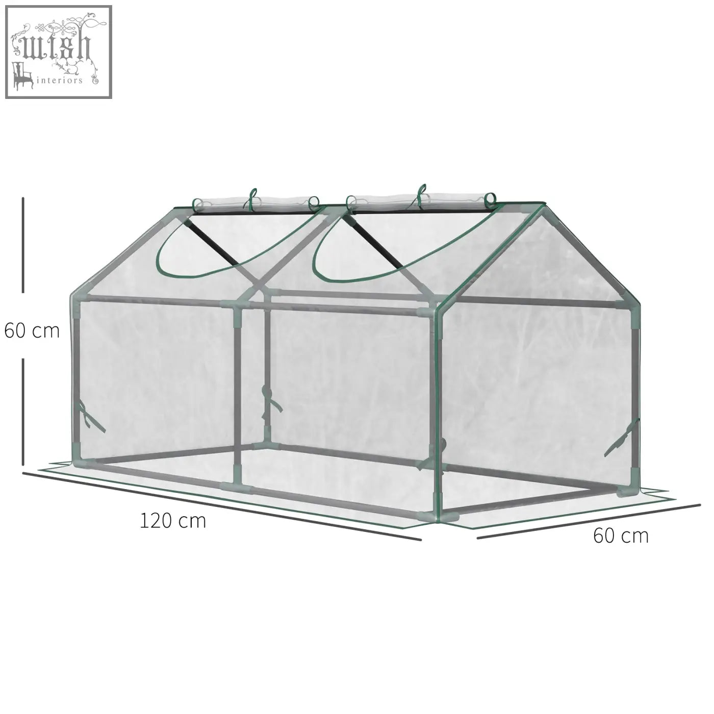 Clear plastic mini greenhouse with green metal frame and plastic cover measuring 120 by 60 cm with zipped windows