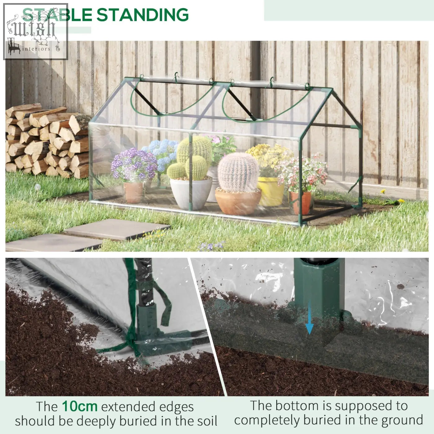 Green metal-framed mini greenhouse with plastic cover and zipped windows housing cacti and flowering plants